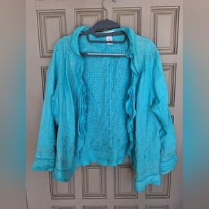 Carol Little Embroidered Bolero SzL Linen Aqua 3/4 Sleeves Ruffles Open Front